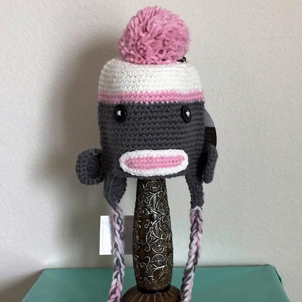 Little Girl's Hand-Knit Pink Sock-Monkey Pilot Hat with Ties 6-12 months